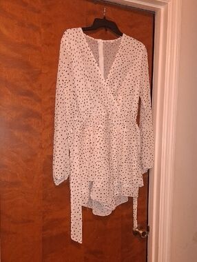 White Long Sleeve Polka Dot Wrap Romper